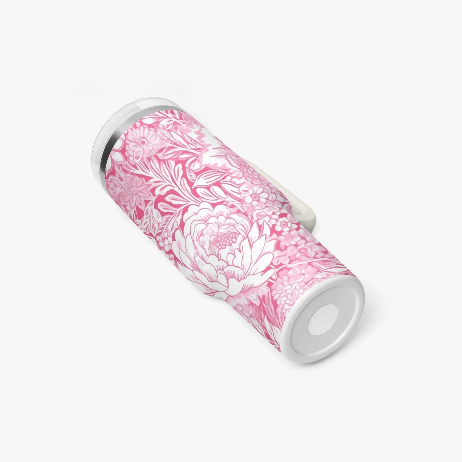 Pink and White Floral Design Pattern 40oz Car Tumbler Cup, Large Water Tumbler with Handle, Gift Idea for Christmas, Birthday, Bestie, Coworker