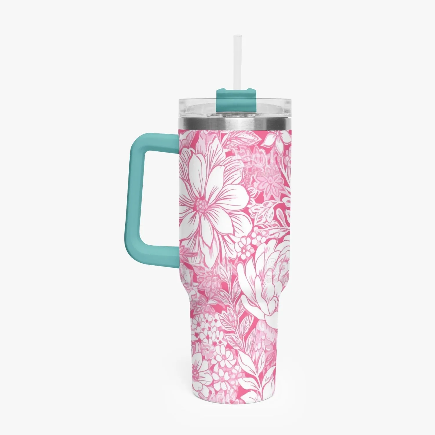 Pink and White Floral Design Pattern 40oz Car Tumbler Cup, Large Water Tumbler with Handle, Gift Idea for Christmas, Birthday, Bestie, Coworker