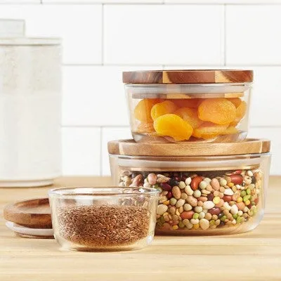 Pyrex 6pc Glass Round Food Storage Container Set with Wooden Lids