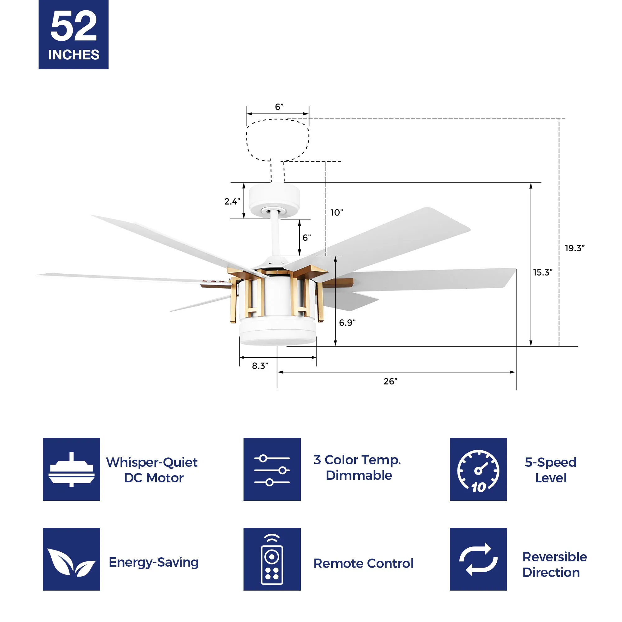 Sennin Modern Ceiling Fan with LED Light and Remote control 52 inch