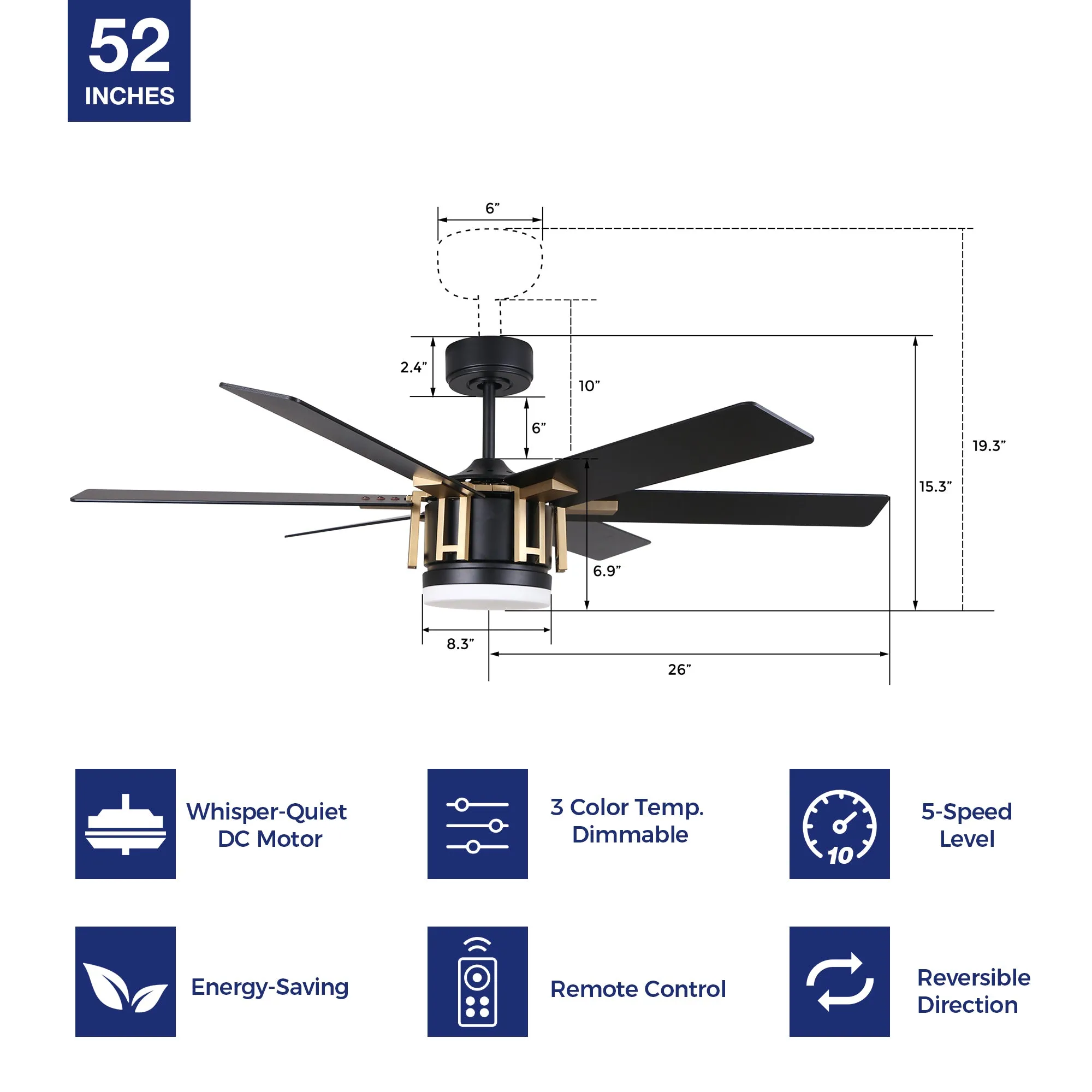 Sennin Modern Ceiling Fan with LED Light and Remote control 52 inch