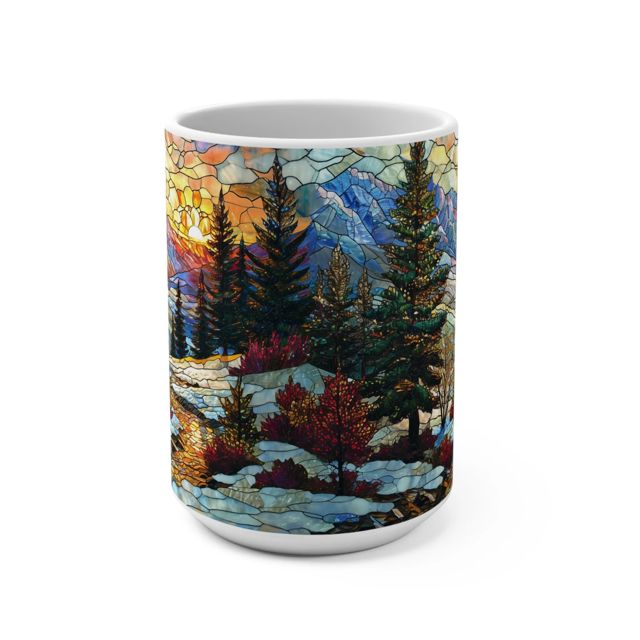 Stained Glass Style Scenic Mountain Landscape Mug, Artistic Nature Coffee Cup, Vibrant Stained Glass Design Drinkware Mug 15oz