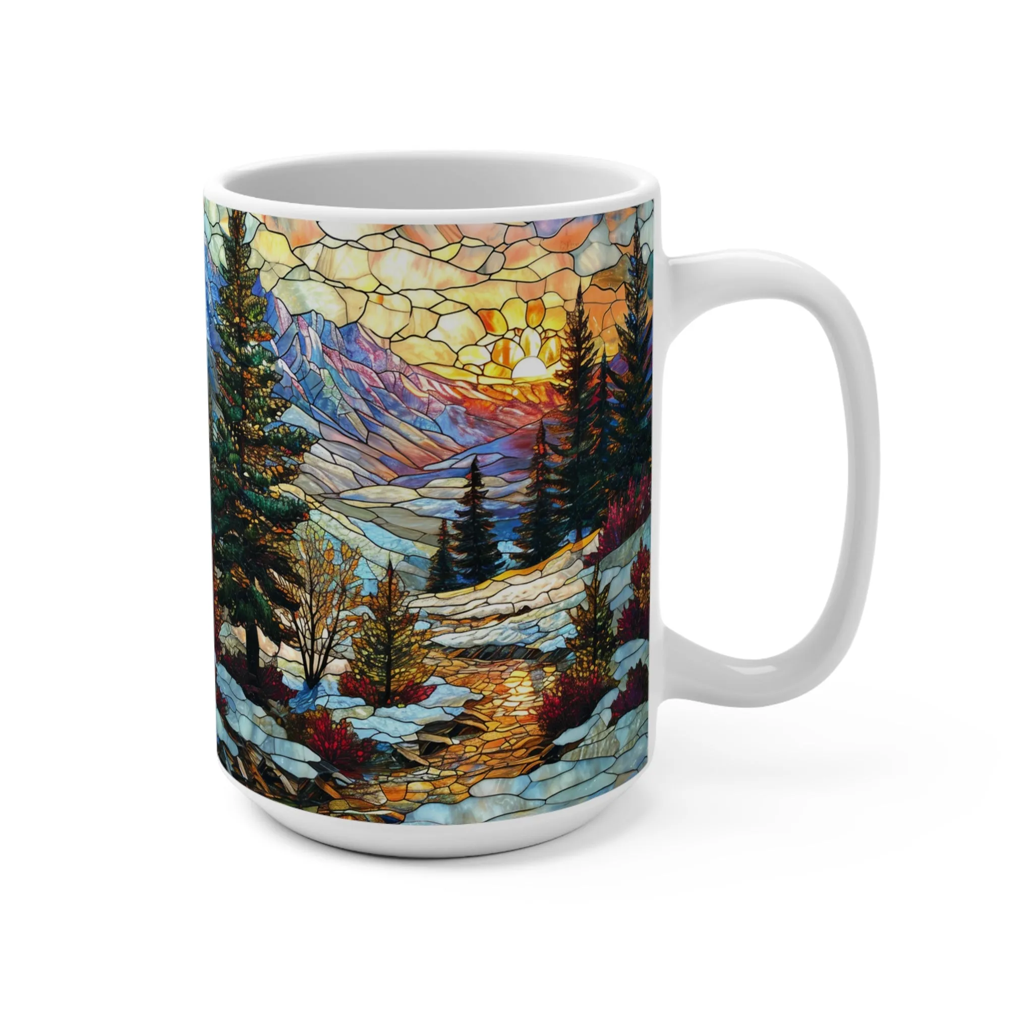 Stained Glass Style Scenic Mountain Landscape Mug, Artistic Nature Coffee Cup, Vibrant Stained Glass Design Drinkware Mug 15oz