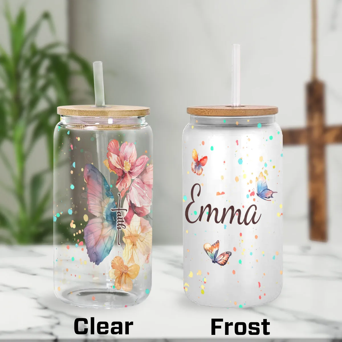 Teesdily | Customized Jesus Floral Butterfly Frosted Can, Faith Glass Can With Straw, Jesus Lover Gifts, Inspirational Gifts For Women