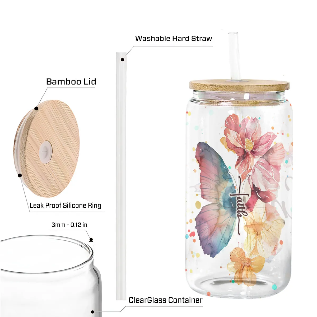 Teesdily | Customized Jesus Floral Butterfly Frosted Can, Faith Glass Can With Straw, Jesus Lover Gifts, Inspirational Gifts For Women