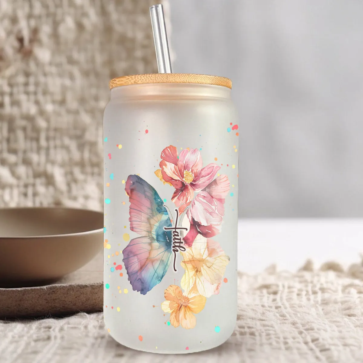 Teesdily | Customized Jesus Floral Butterfly Frosted Can, Faith Glass Can With Straw, Jesus Lover Gifts, Inspirational Gifts For Women