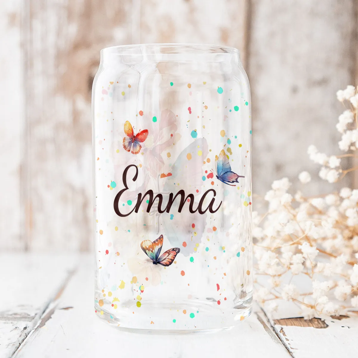 Teesdily | Customized Jesus Floral Butterfly Frosted Can, Faith Glass Can With Straw, Jesus Lover Gifts, Inspirational Gifts For Women