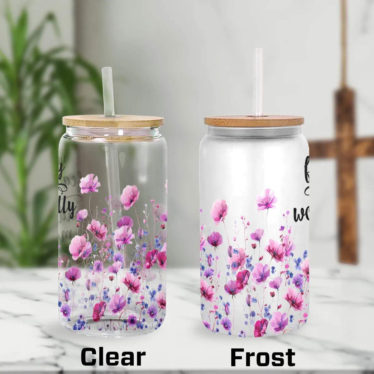 Teesdily | Wildflower Tumbler Glass, You Are Fearfully Wonderfully Made, God Bible Verse Glass Mug, God Gift, Frosted/ Clear Glass Can With Straw