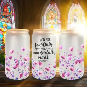 Teesdily | Wildflower Tumbler Glass, You Are Fearfully Wonderfully Made, God Bible Verse Glass Mug, God Gift, Frosted/ Clear Glass Can With Straw