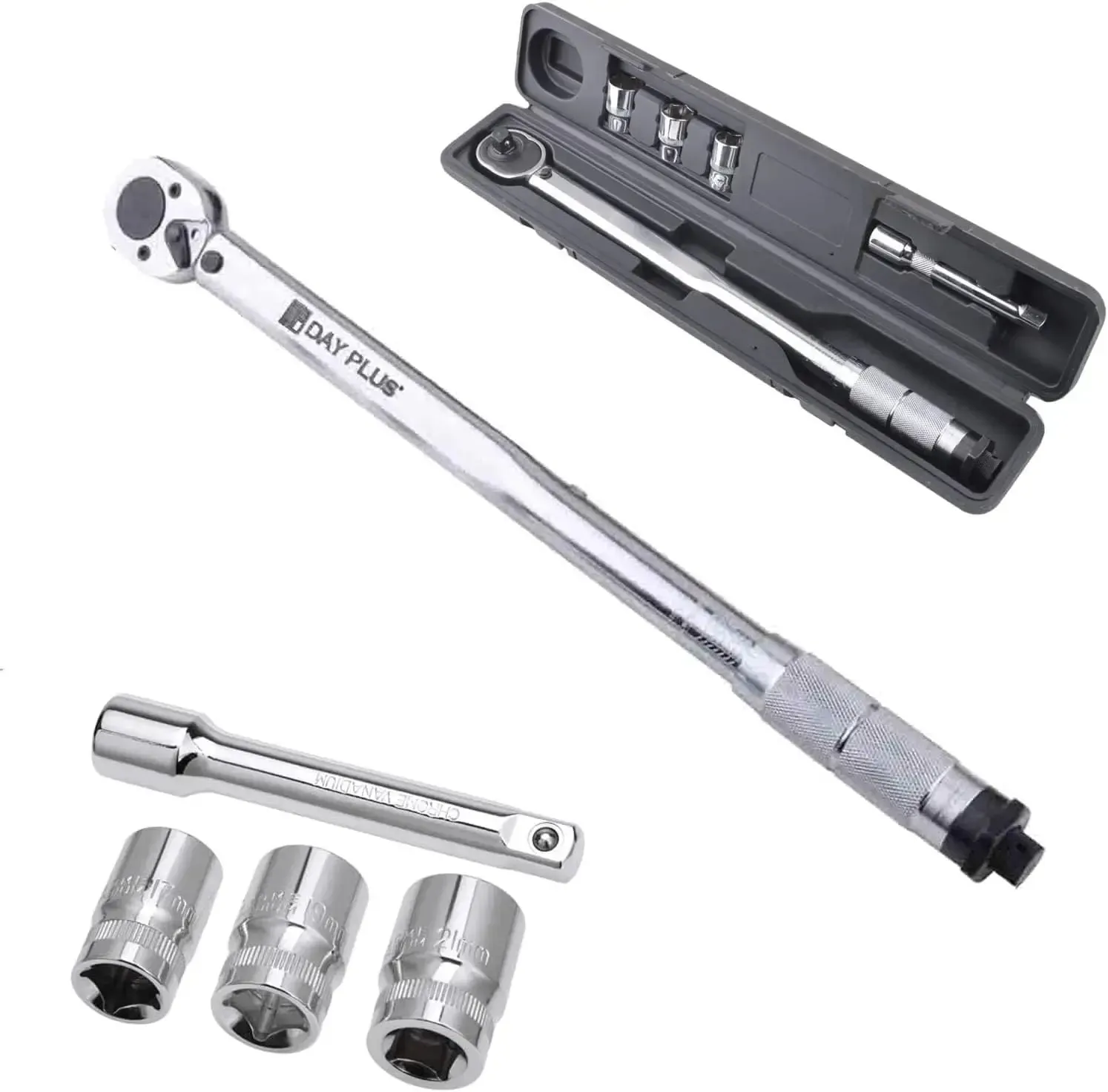 Torque Wrench Set 1/2inch Drive (28-210Nm) for Wheel Nuts, Bolts   17/19/21mm Sockets & Case