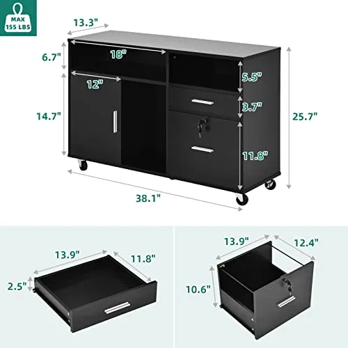 YITAHOME Wood Lateral File Cabinet, 2 Drawer Mobile Storage Cabinet, Fits A4, Letter Size Files, Printer Stand with Open Storage Shelves, Modern Filing Cabinet for Home Office, Black